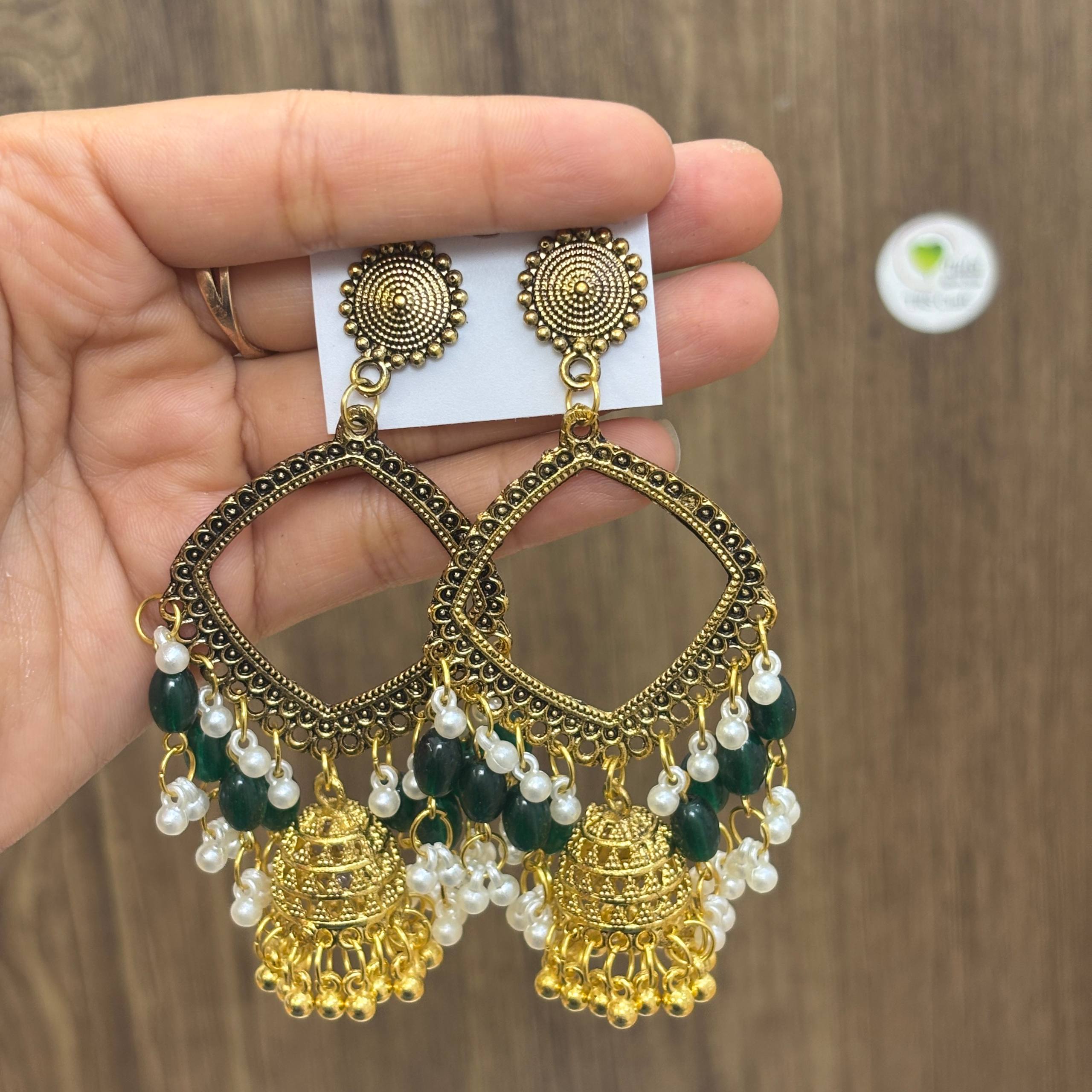 Earring Bazel / Jhumka - (L) Gold Green Tulsi Resin Store