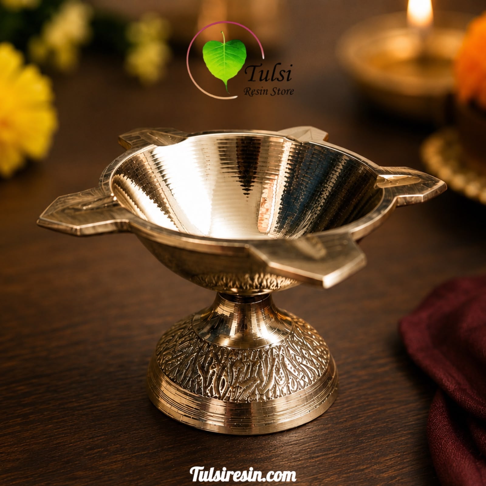 Brass Diya With Stand (02) - Panchmukh
